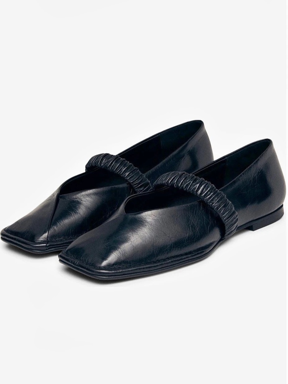 ALOHAS Lautan Leather Ballet Flats Square-Toe Ruched Strap Flats Black EU 39
